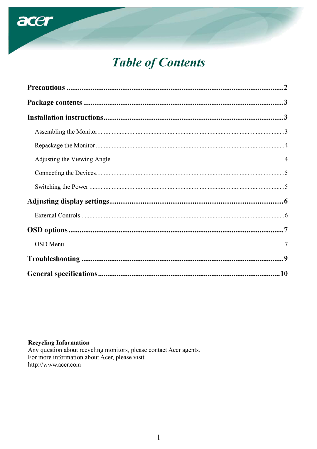 Acer AL2032W installation instructions Table of Contents 