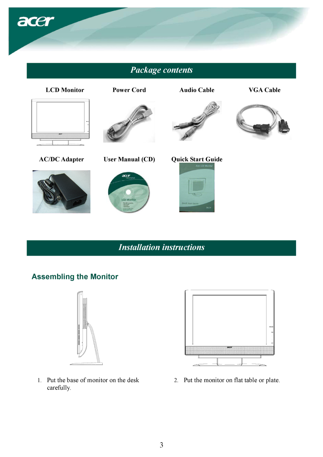 Acer AL2032W installation instructions Package contents, Installation instructions, Assembling the Monitor 