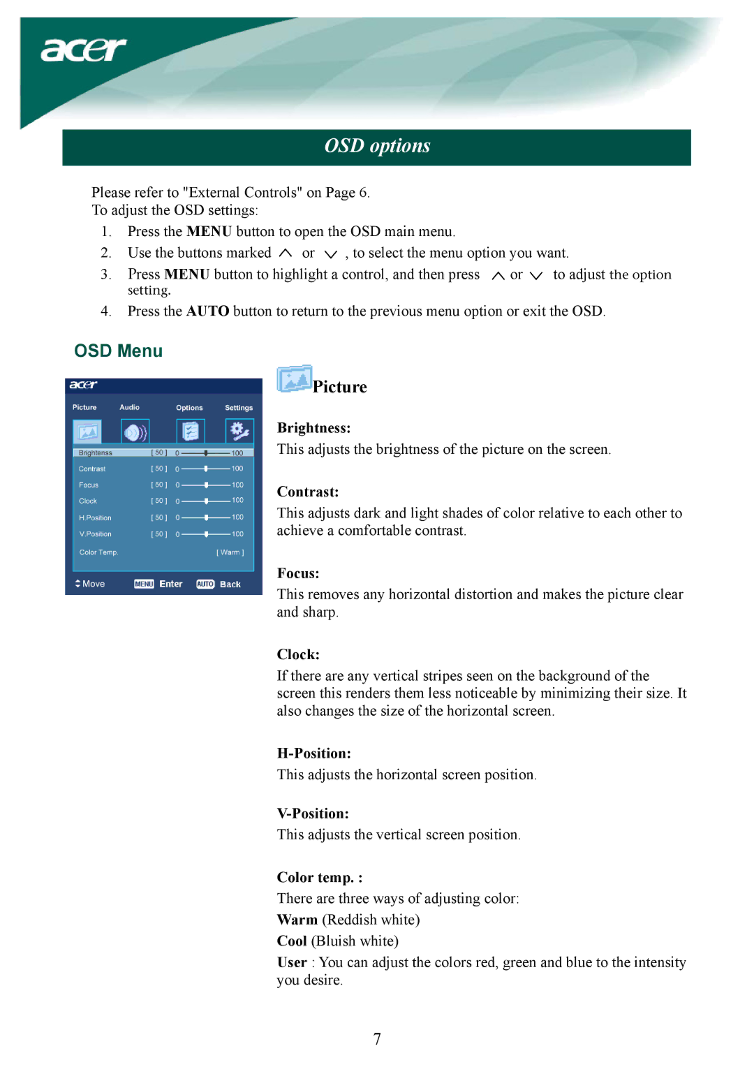 Acer AL2032W installation instructions OSD options, OSD Menu 