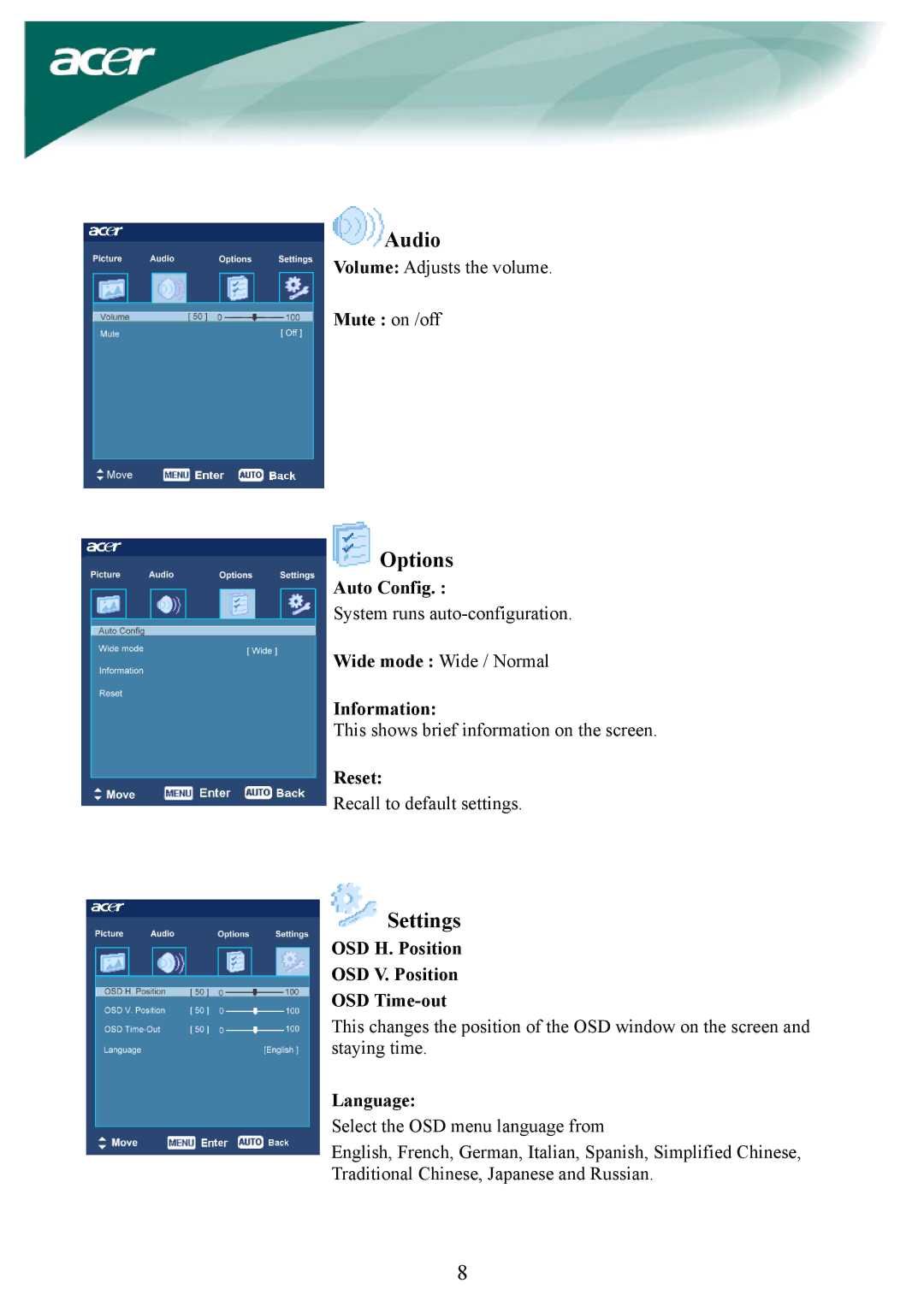 Acer AL2032W Mute on /off, Auto Config, Information, Reset, OSD H. Position OSD V. Position OSD Time-out, Language 