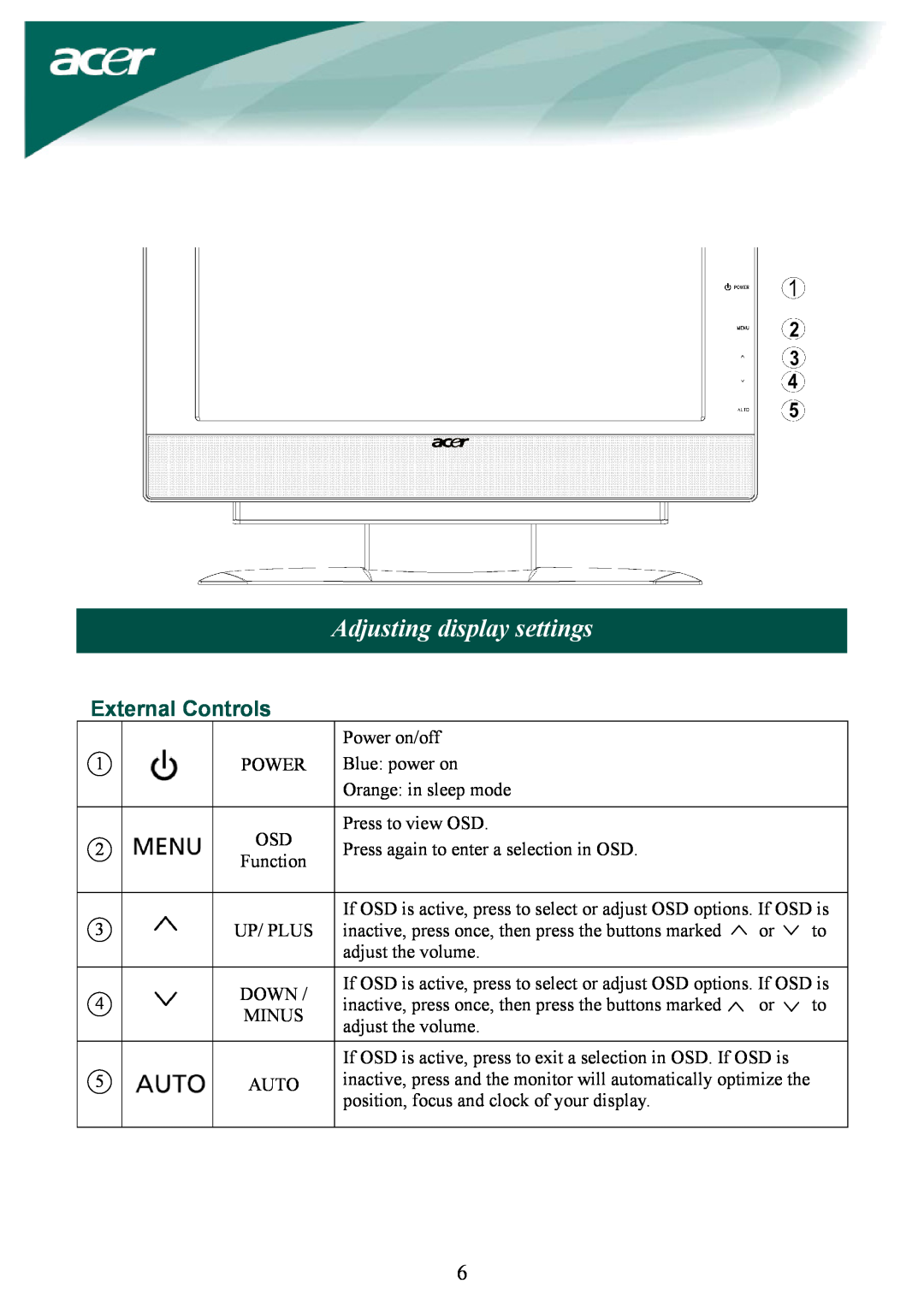 Acer AL2032W installation instructions Adjusting display settings, External Controls 