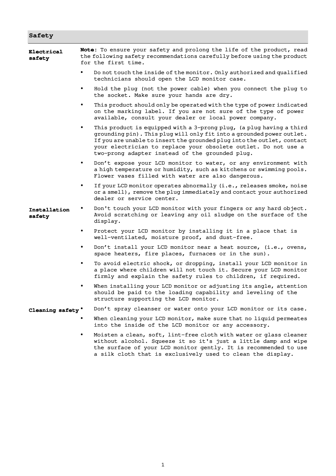 Acer AL2216W installation instructions Safety, Electrical safety, Installation 