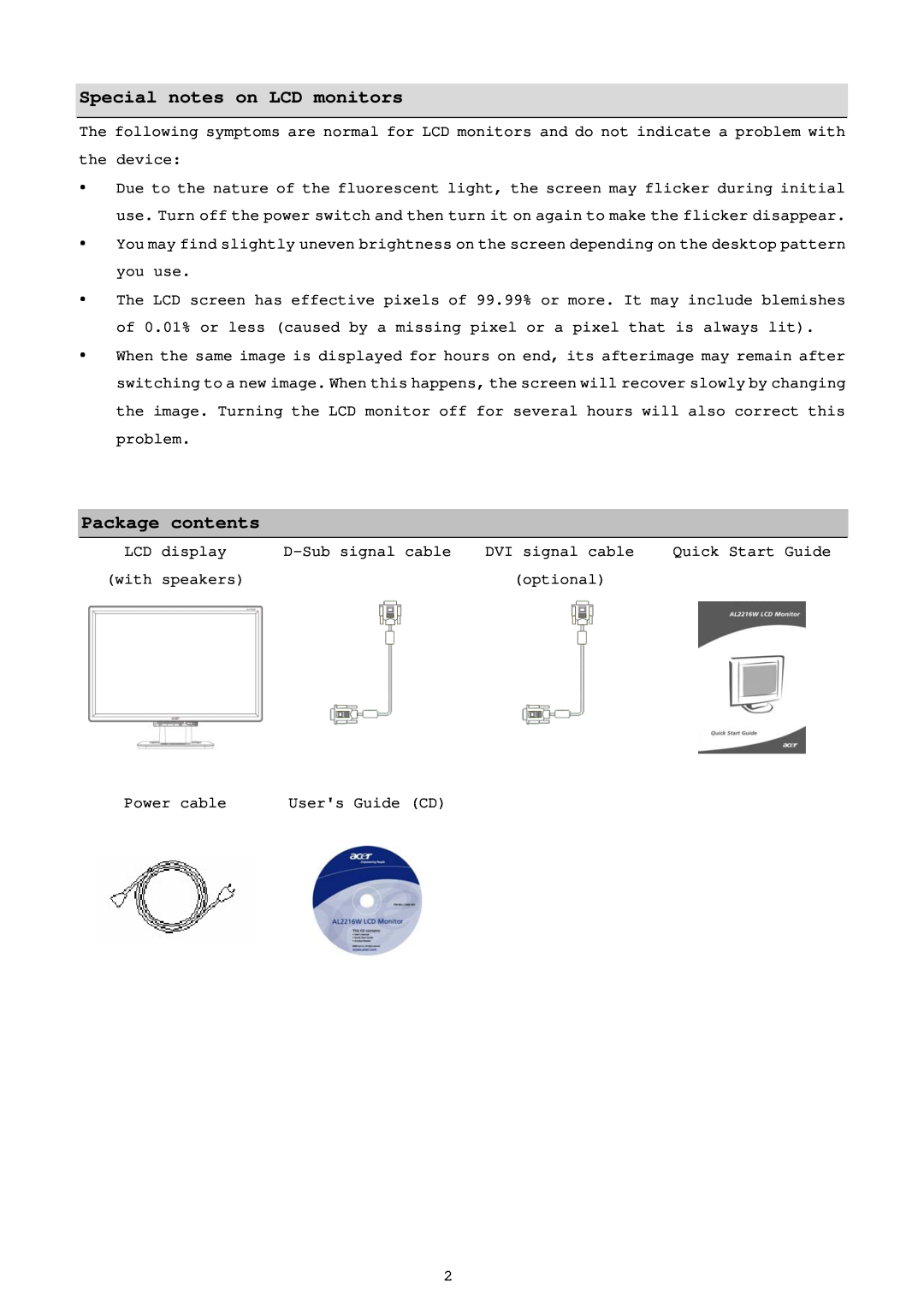 Acer AL2216W installation instructions Special notes on LCD monitors, Package contents 