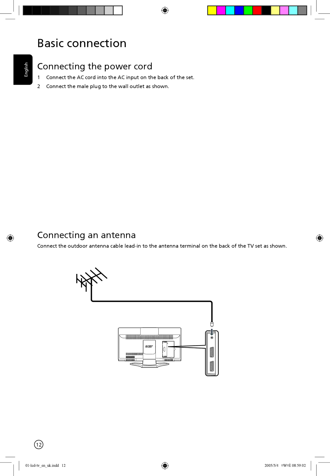 Acer AL2671W manual Basic connection, Connecting the power cord, Connecting an antenna 