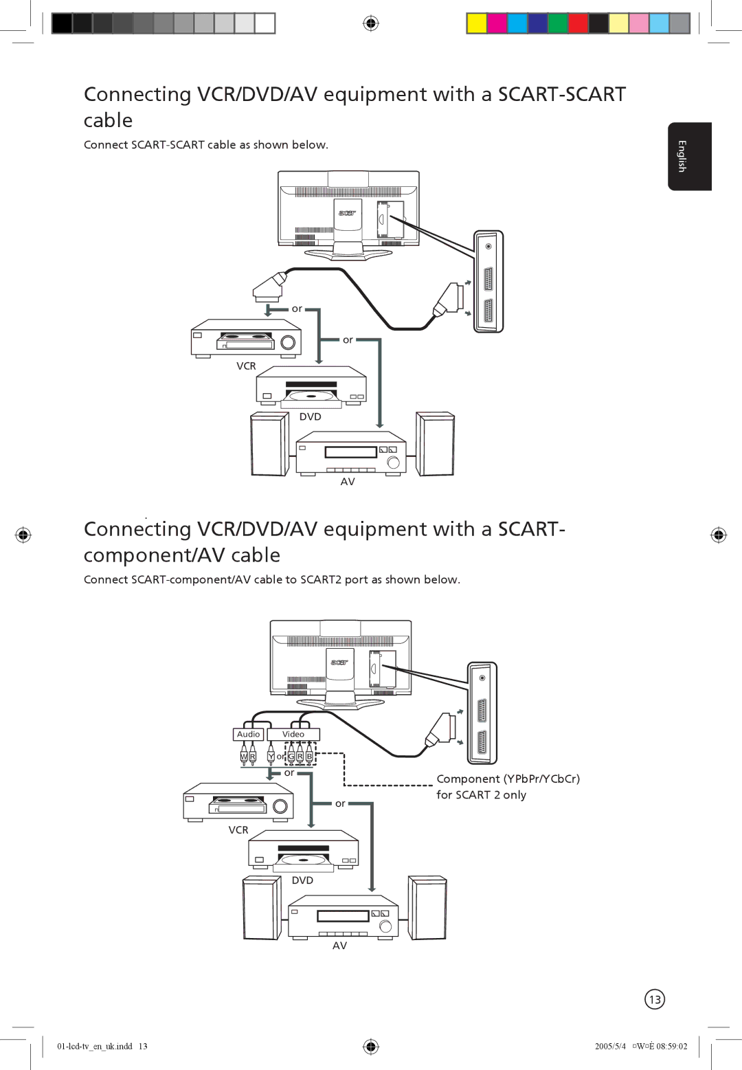 Acer AL2671W manual Connecting VCR/DVD/AV equipment with a SCART-SCART cable 