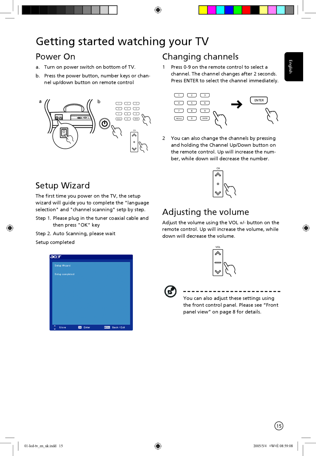 Acer AL2671W manual Getting started watching your TV, Power On Changing channels, Setup Wizard, Adjusting the volume 