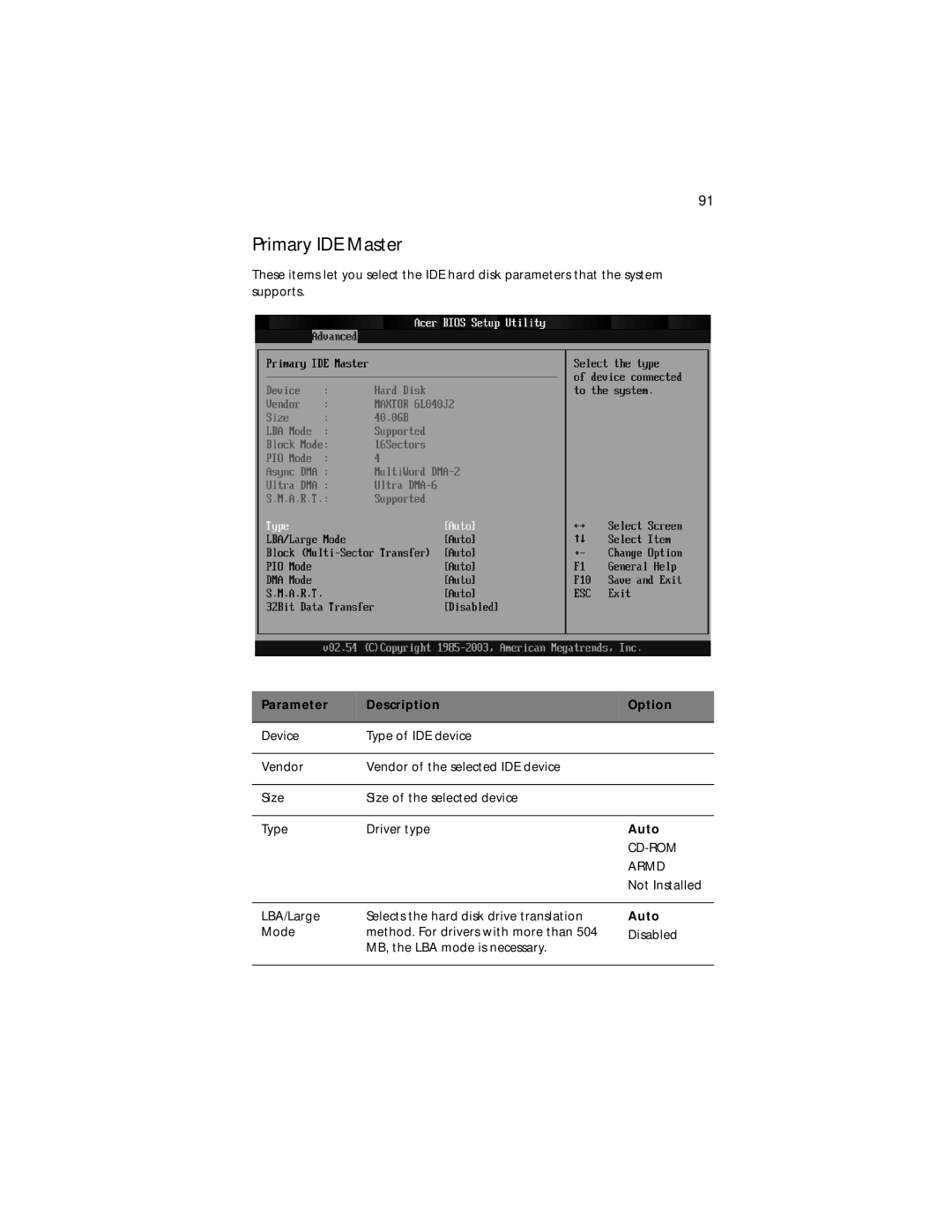 Acer Altos G310 manual Primary IDE Master, Parameter Description Option 