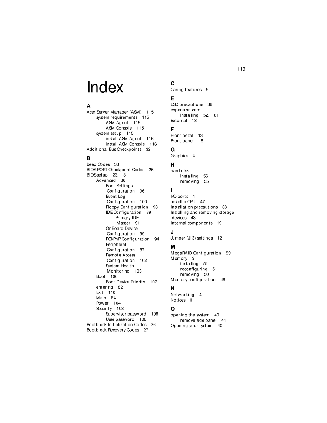 Acer Altos G310 manual Index 