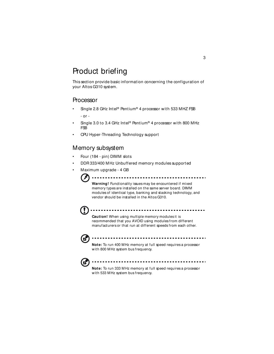 Acer Altos G310 manual Product briefing, Processor, Memory subsystem 