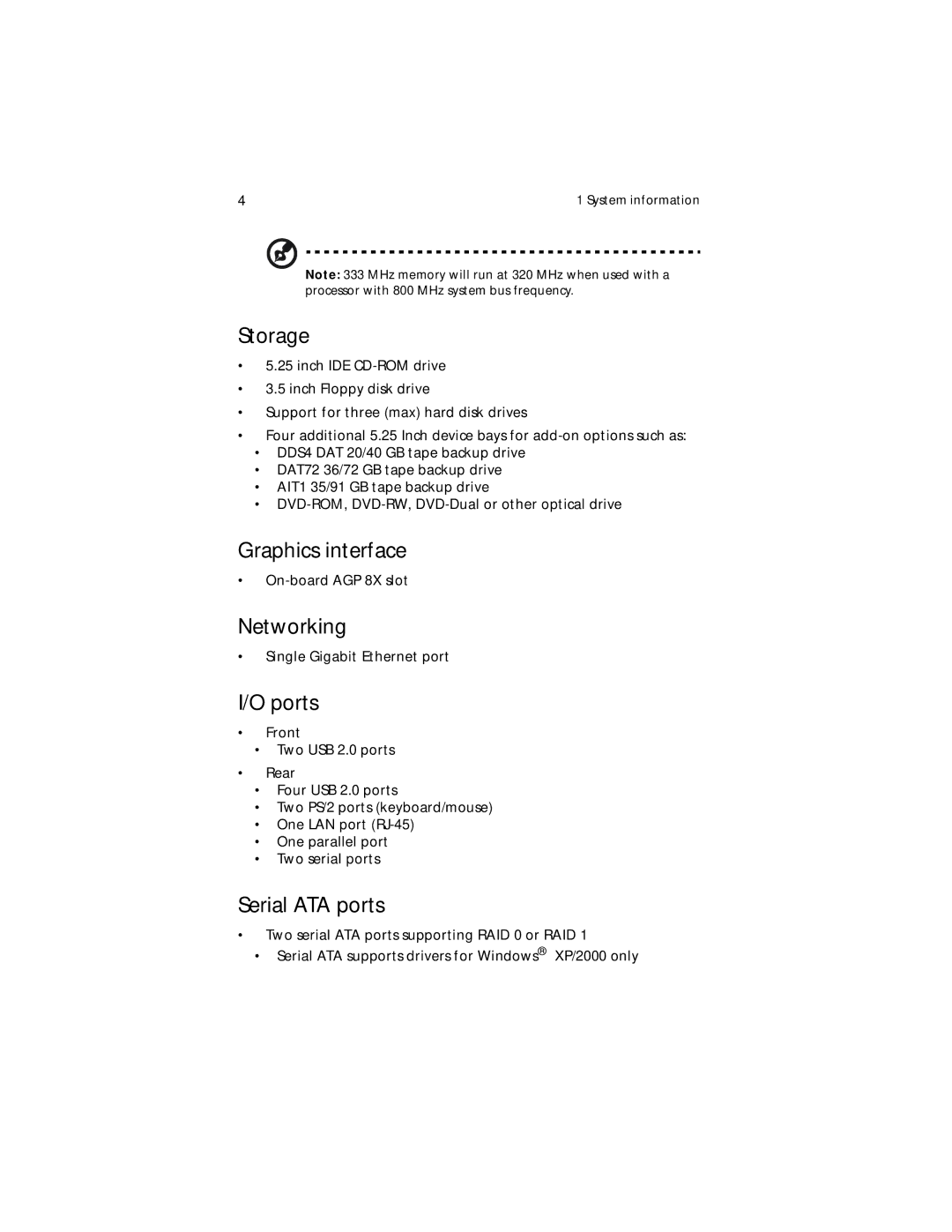 Acer Altos G310 manual Storage, Graphics interface, Networking, Ports, Serial ATA ports 