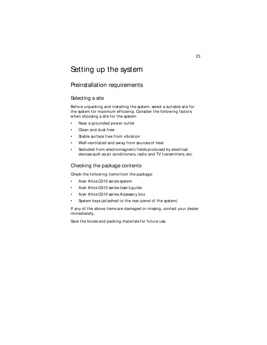 Acer Altos G310 manual Setting up the system, Preinstallation requirements, Selecting a site, Checking the package contents 