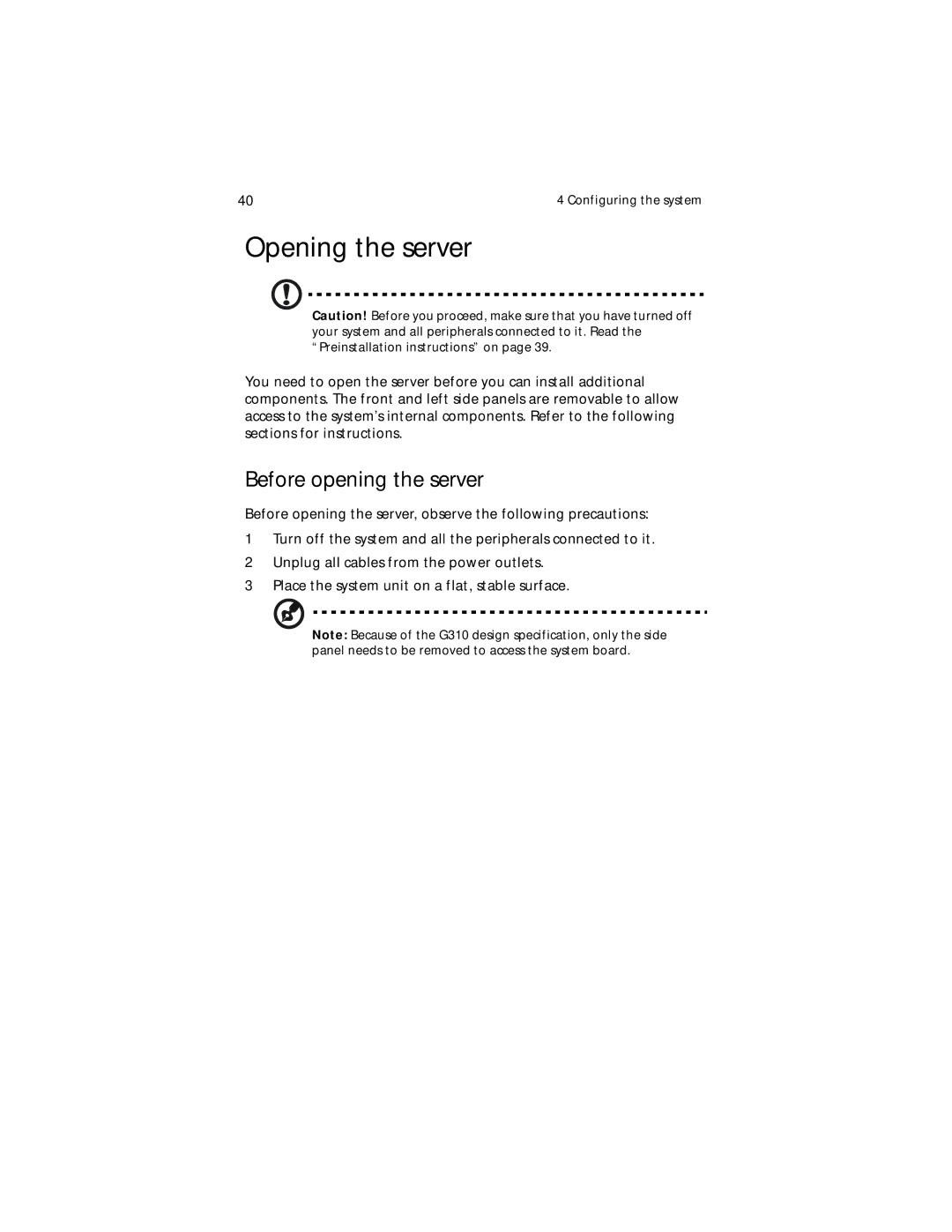 Acer Altos G310 manual Opening the server, Before opening the server 