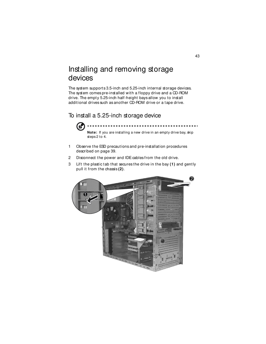 Acer Altos G310 manual Installing and removing storage devices, To install a 5.25-inch storage device 