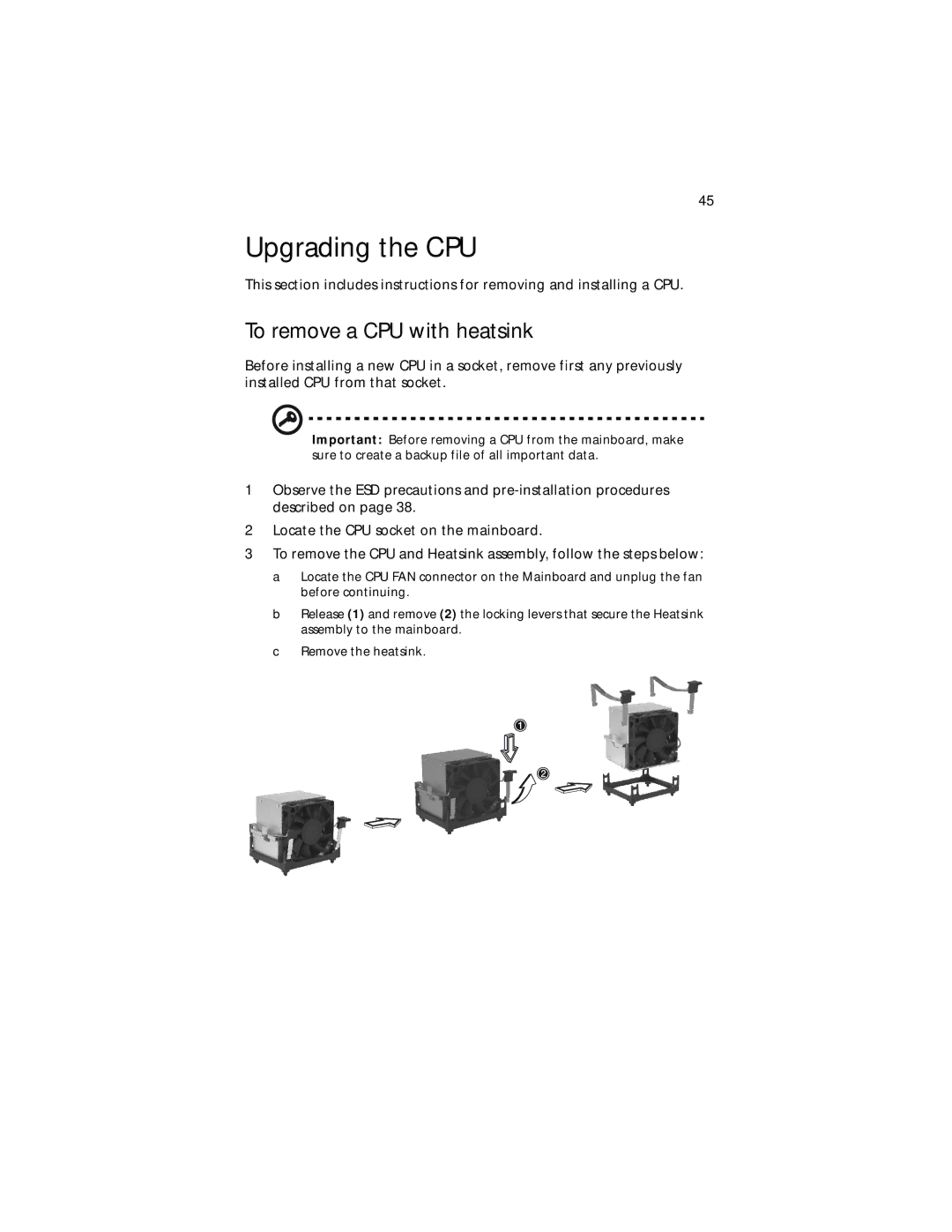 Acer Altos G310 manual Upgrading the CPU, To remove a CPU with heatsink 