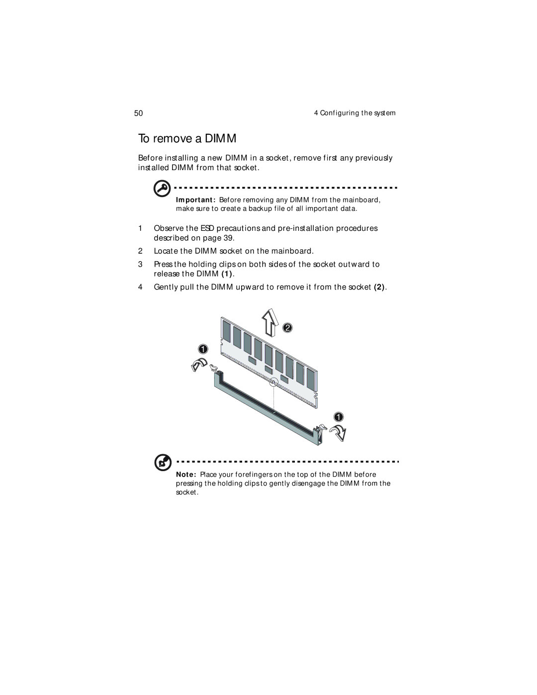 Acer Altos G310 manual To remove a Dimm 