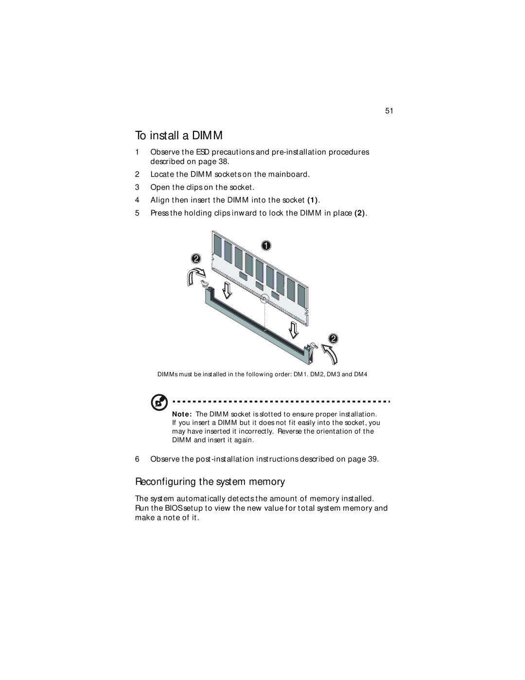 Acer Altos G310 manual To install a Dimm, Reconfiguring the system memory 