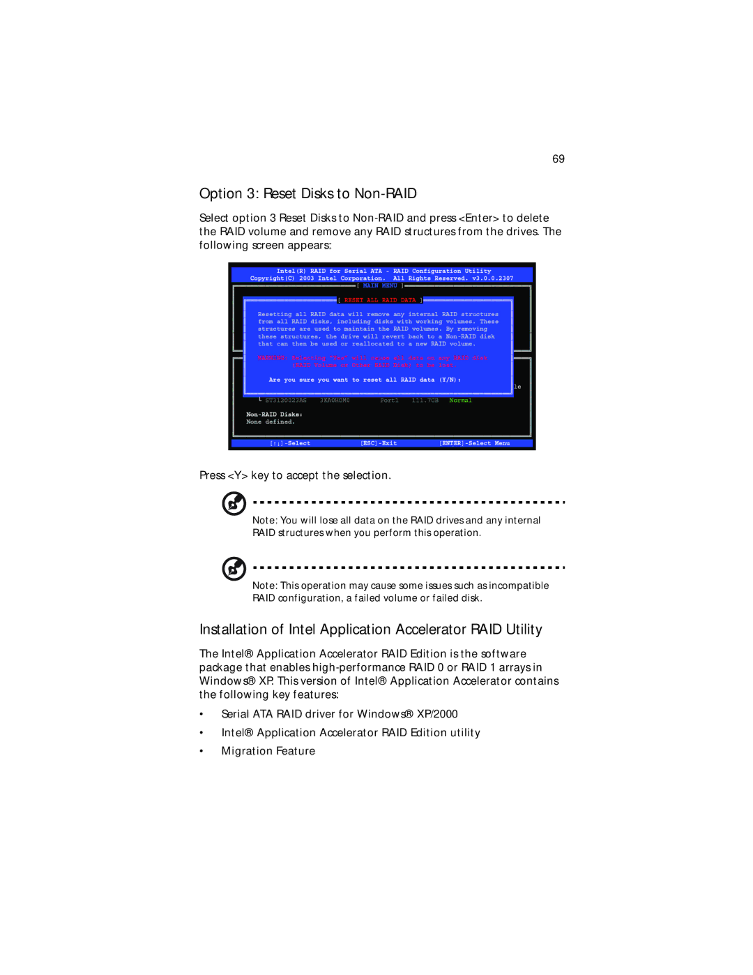 Acer Altos G310 manual Option 3 Reset Disks to Non-RAID, Installation of Intel Application Accelerator RAID Utility 