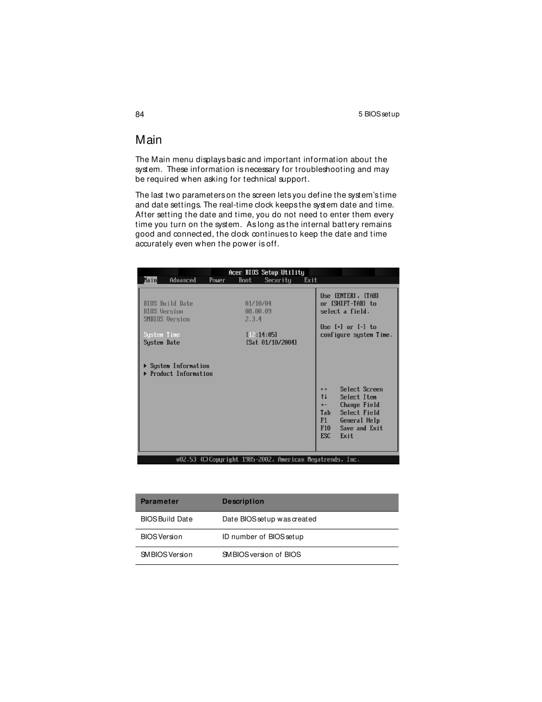 Acer Altos G310 manual Main, Parameter Description 