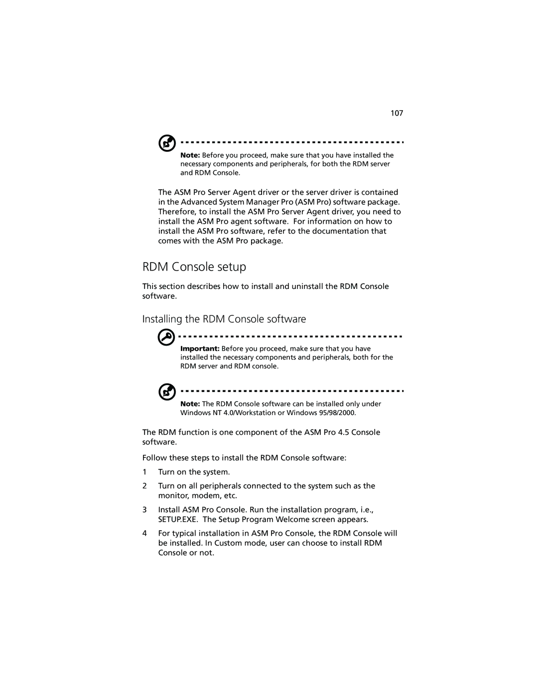 Acer Altos G500 manual RDM Console setup, Installing the RDM Console software 