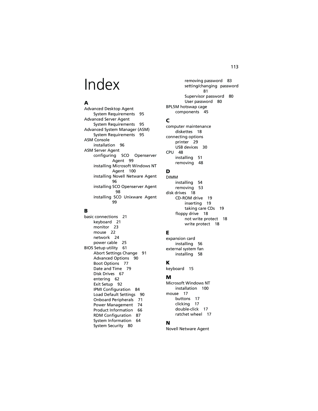 Acer Altos G500 manual Index 