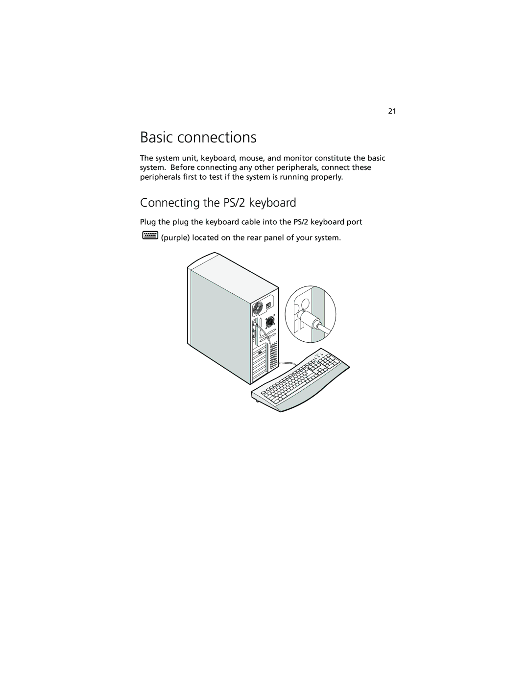 Acer Altos G500 manual Basic connections, Connecting the PS/2 keyboard 