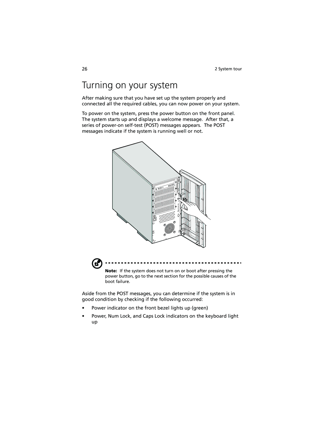 Acer Altos G500 manual Turning on your system 