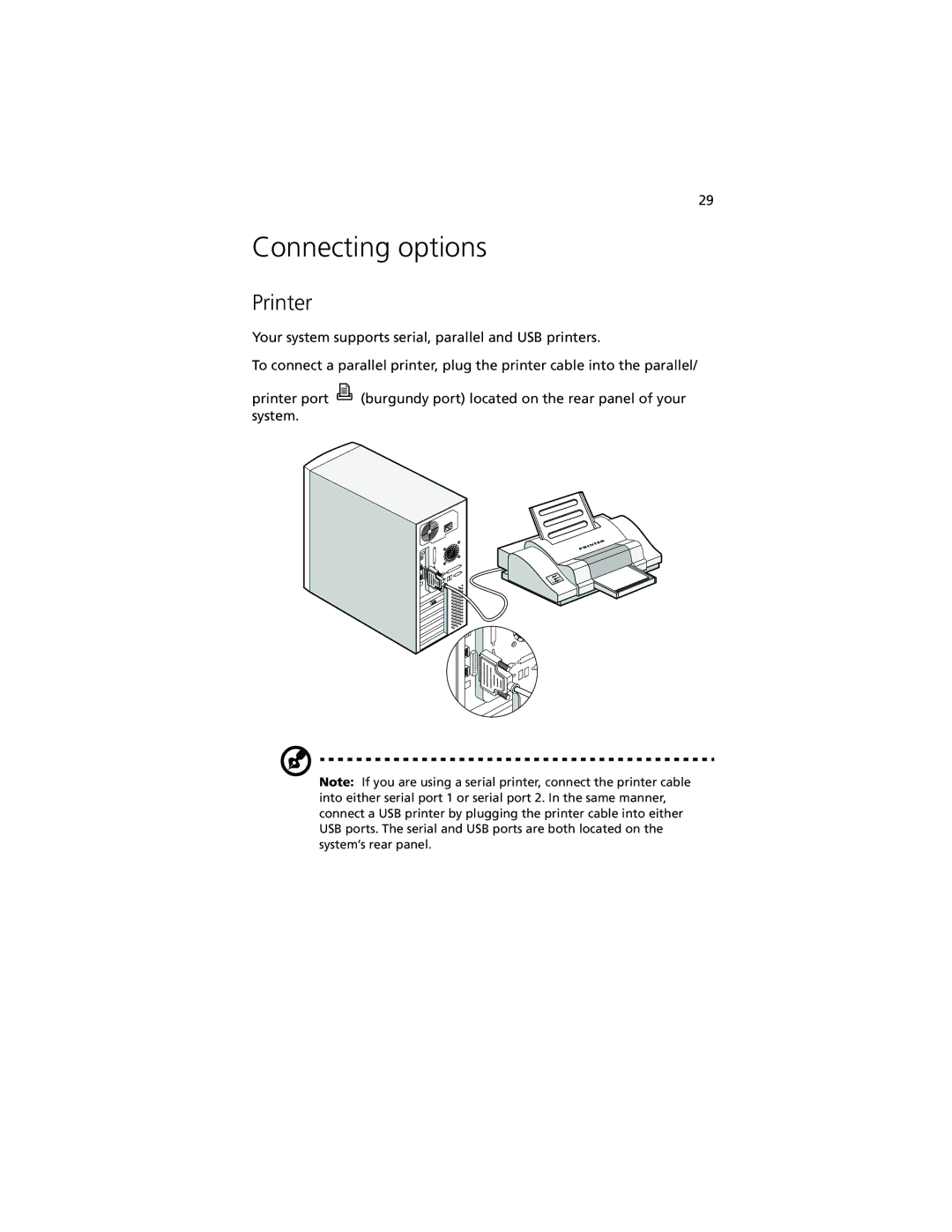 Acer Altos G500 manual Connecting options, Printer 