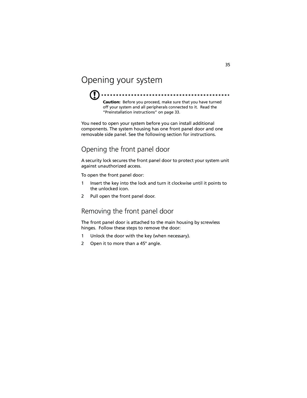 Acer Altos G500 manual Opening your system, Opening the front panel door, Removing the front panel door 