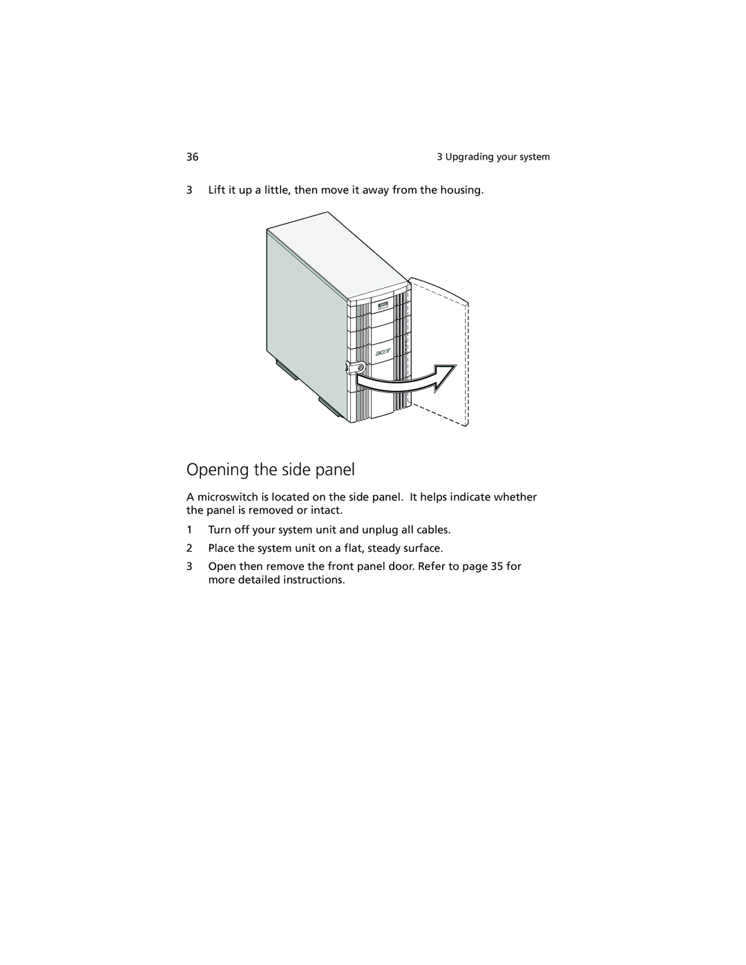 Acer Altos G500 manual Opening the side panel 