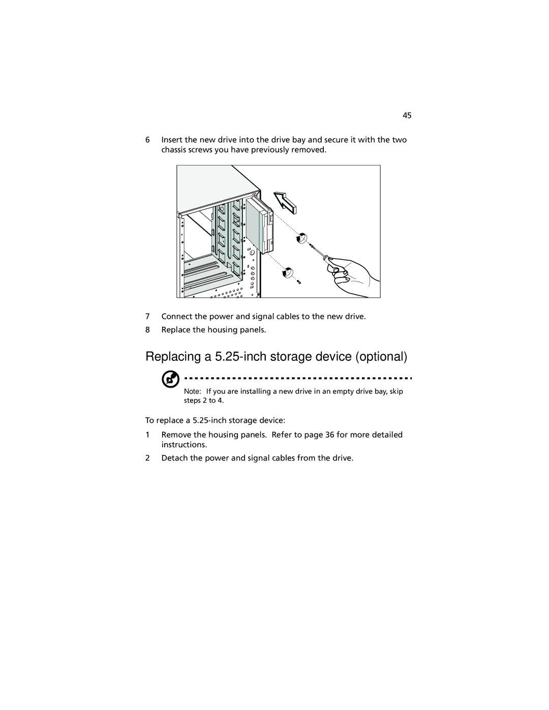 Acer Altos G500 manual Replacing a 5.25-inch storage device optional 