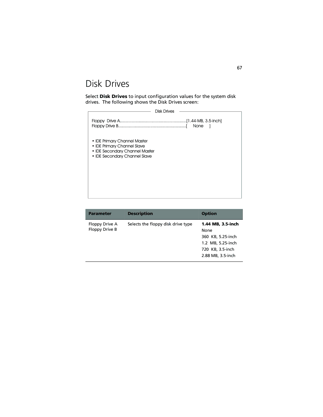 Acer Altos G500 manual Parameter Description Option 