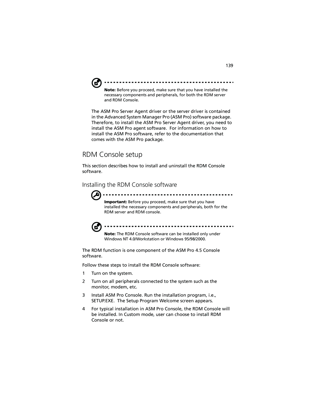 Acer Altos G610 manual RDM Console setup, Installing the RDM Console software 