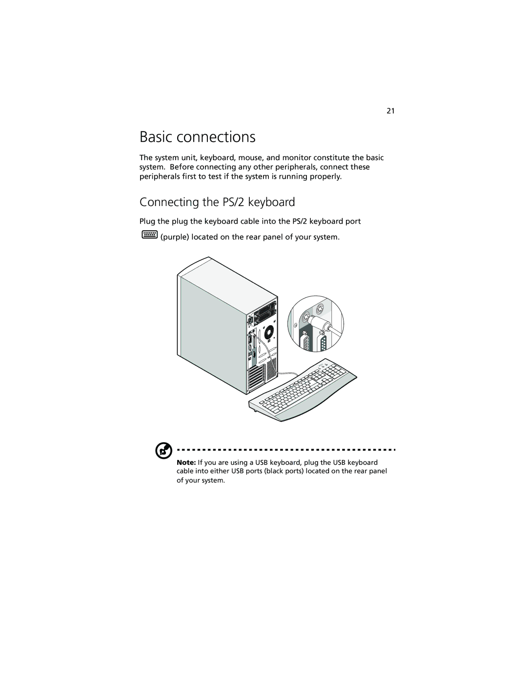 Acer Altos G610 manual Basic connections, Connecting the PS/2 keyboard 