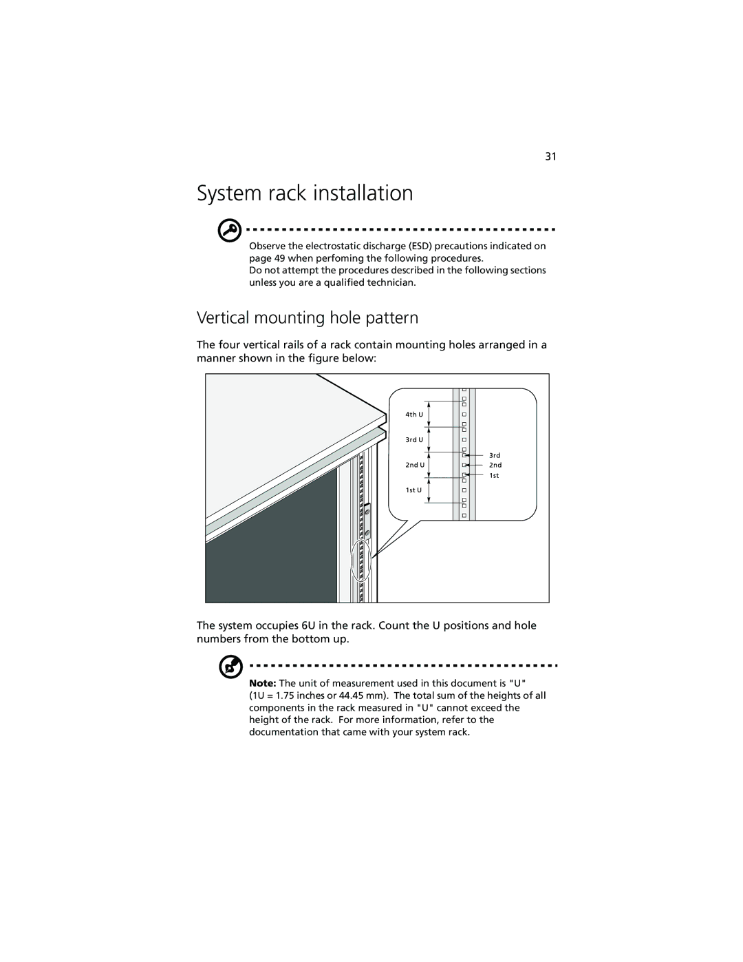 Acer Altos G610 manual System rack installation, Vertical mounting hole pattern 