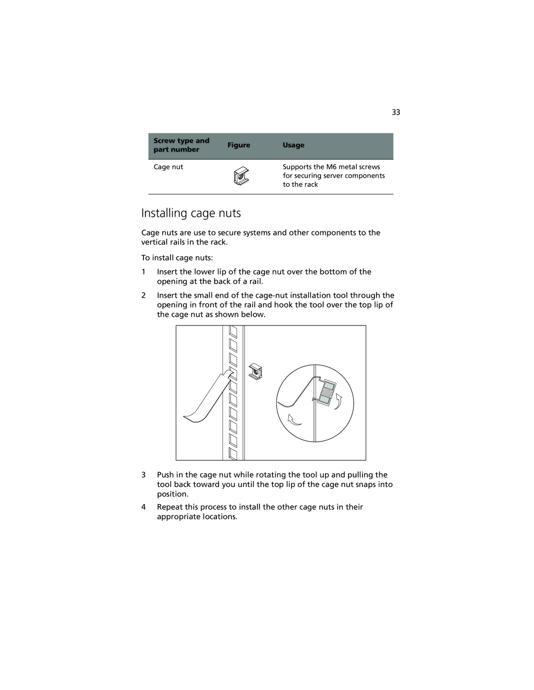 Acer Altos G610 manual Installing cage nuts, Screw type Part number 