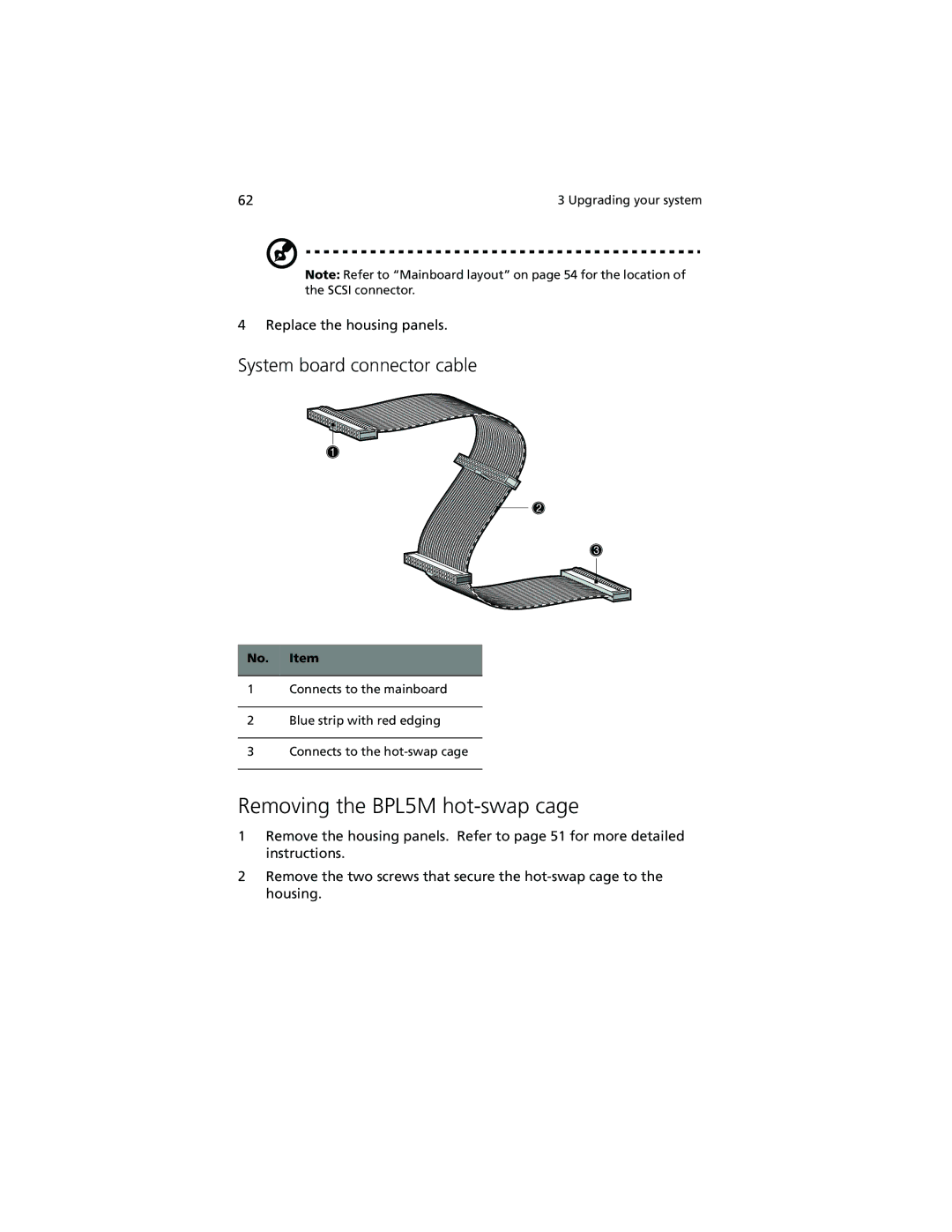 Acer Altos G610 manual Removing the BPL5M hot-swap cage, System board connector cable 