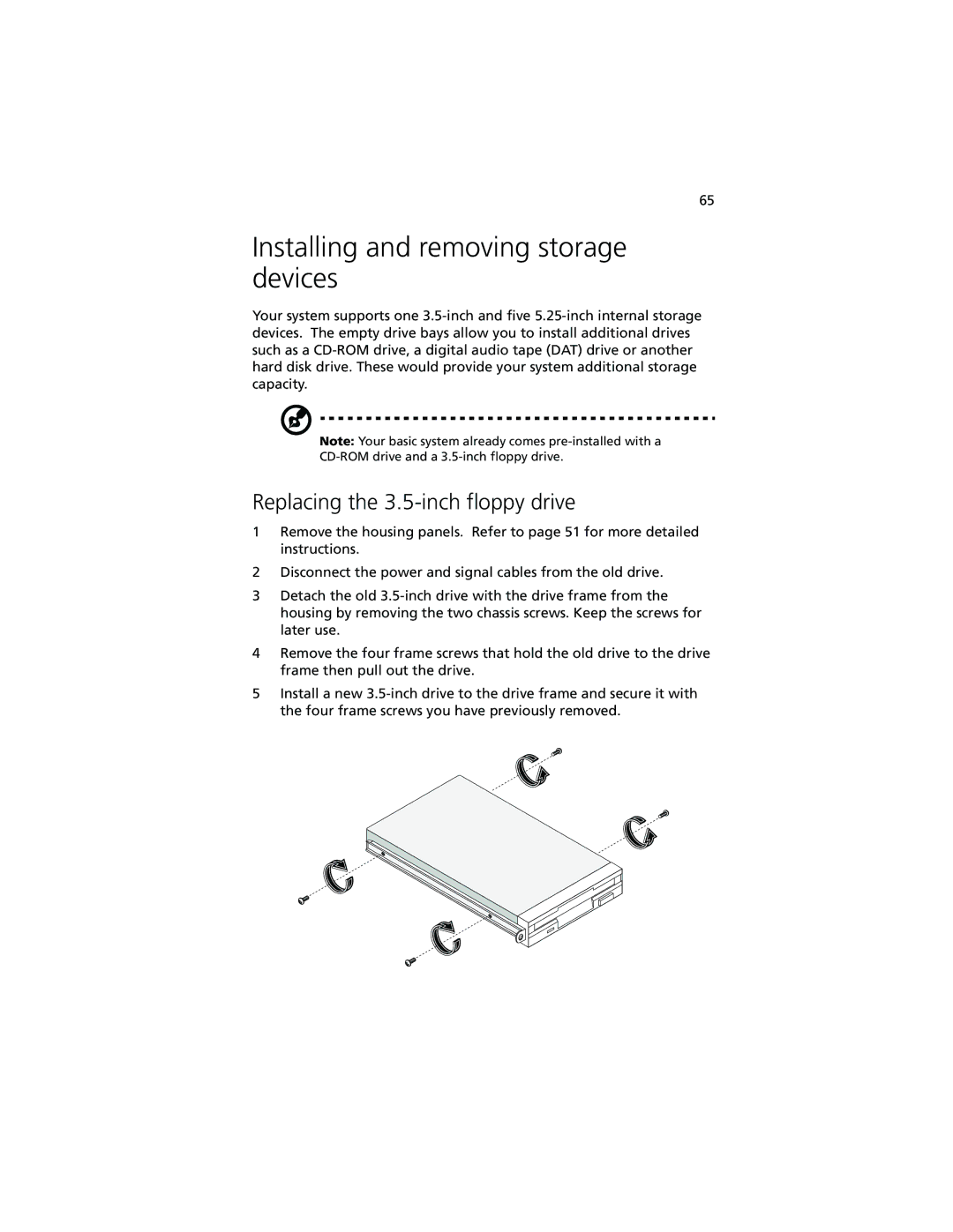 Acer Altos G610 manual Installing and removing storage devices, Replacing the 3.5-inch floppy drive 