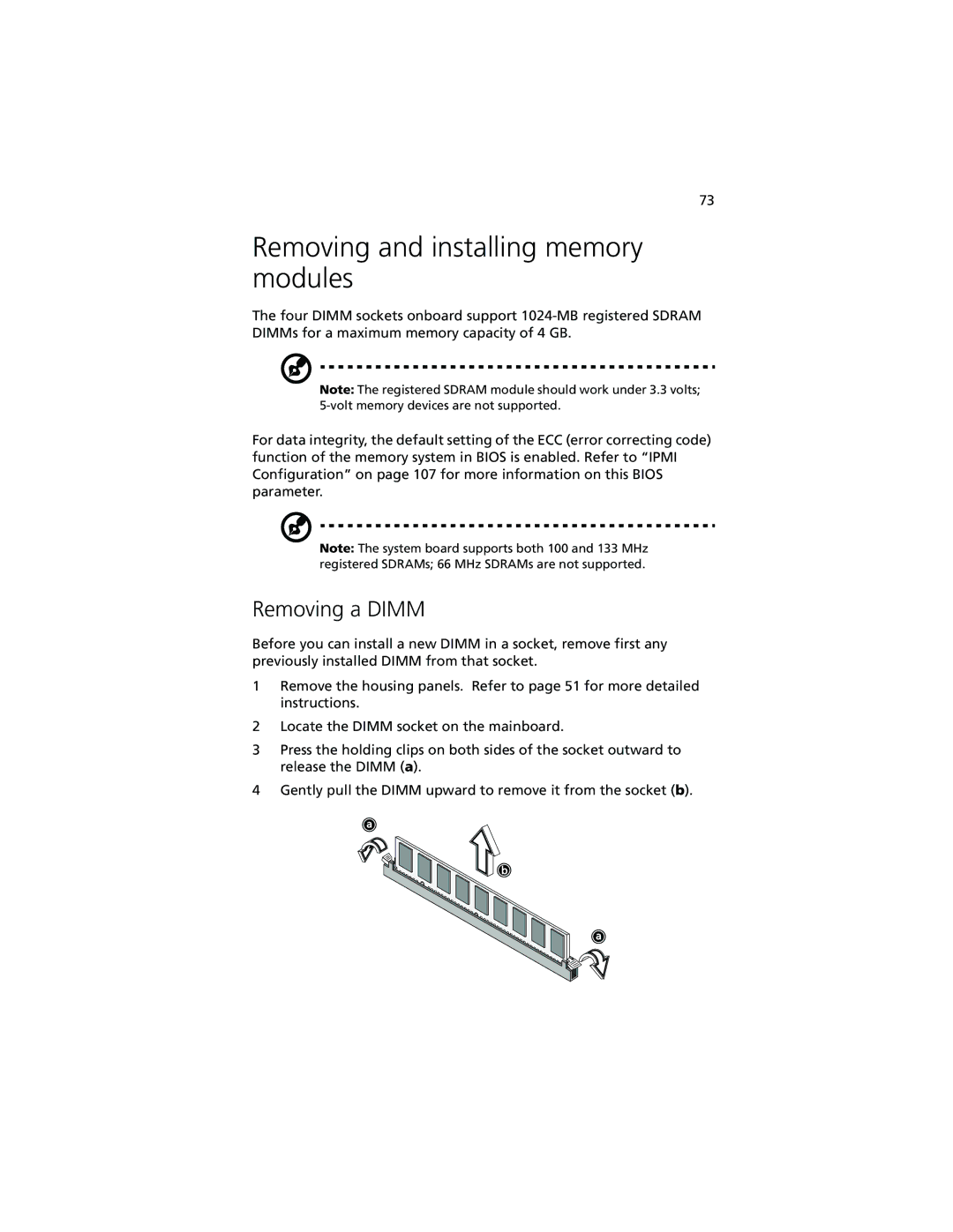 Acer Altos G610 manual Removing and installing memory modules, Removing a Dimm 