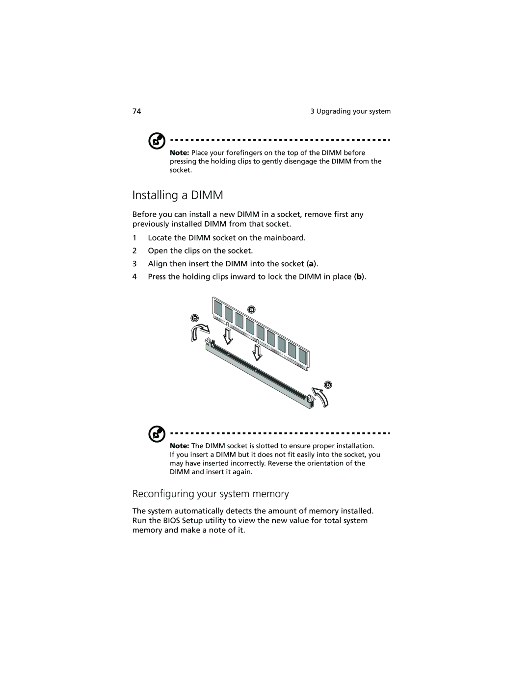 Acer Altos G610 manual Installing a Dimm, Reconfiguring your system memory 