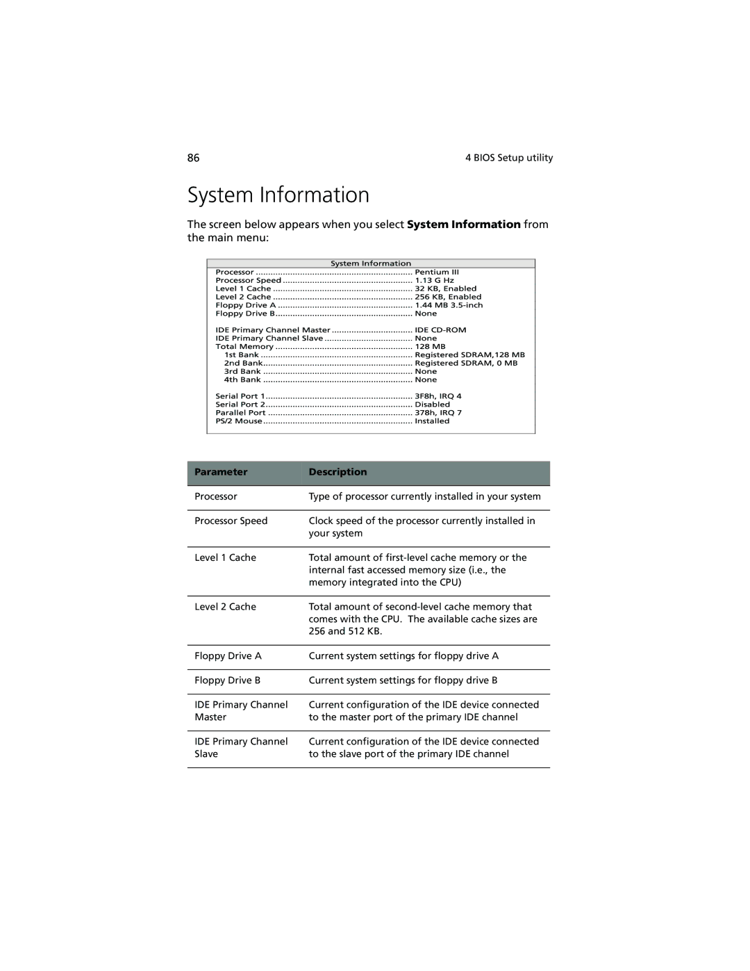 Acer Altos G610 manual System Information, Parameter Description 