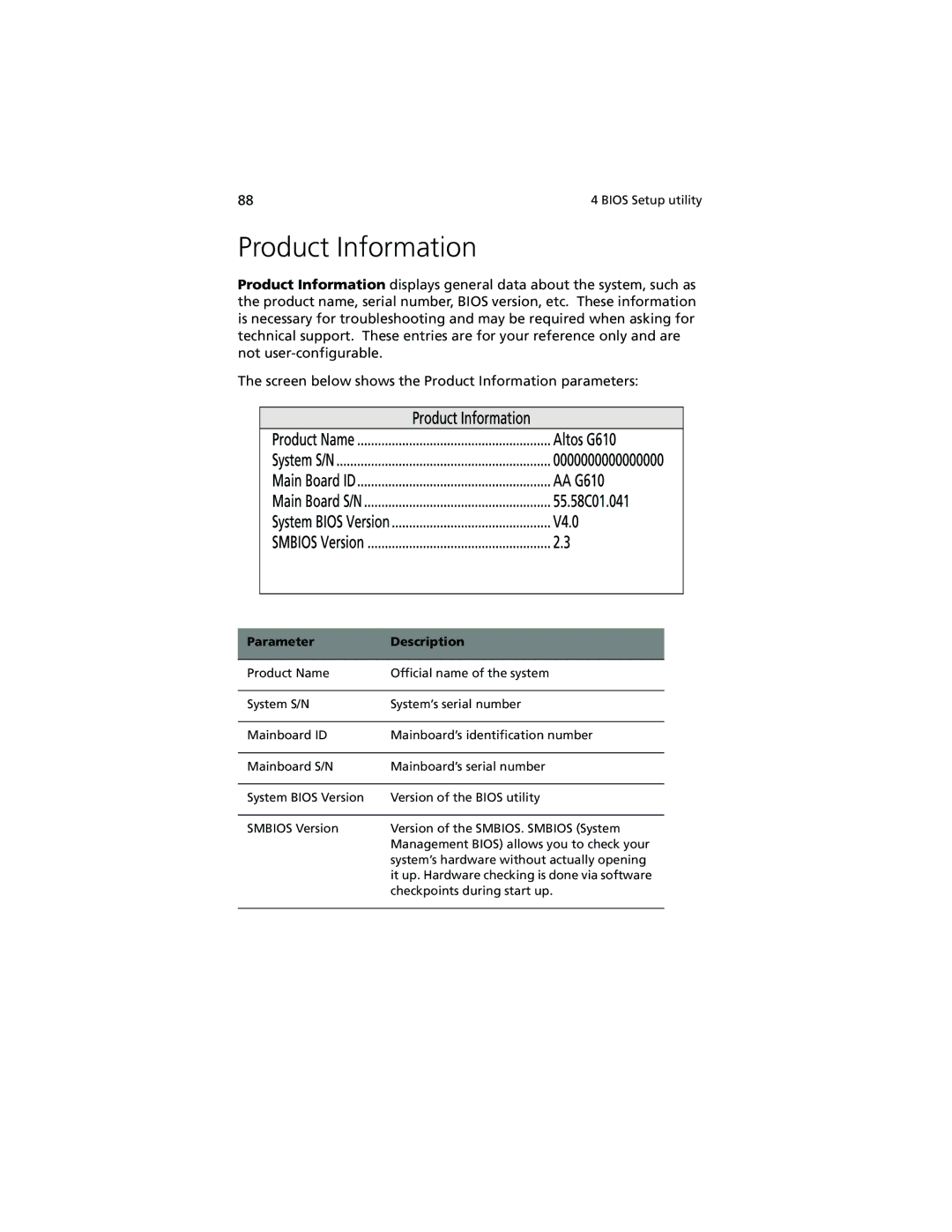 Acer Altos G610 manual Product Information 