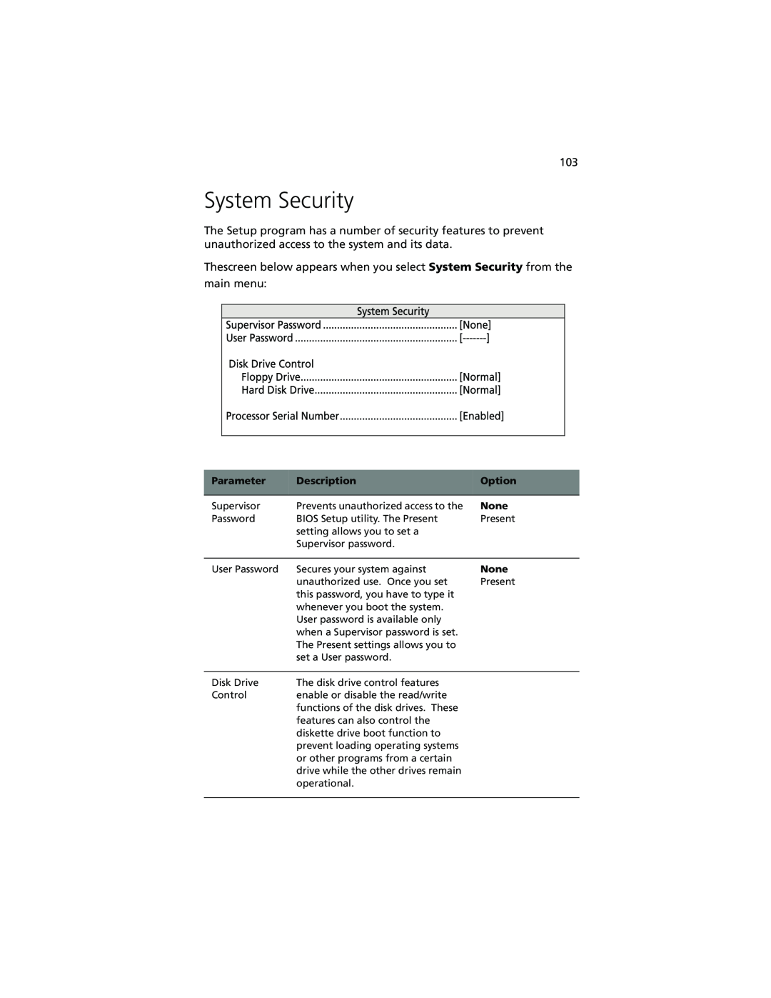 Acer Altos G610 manual System Security 