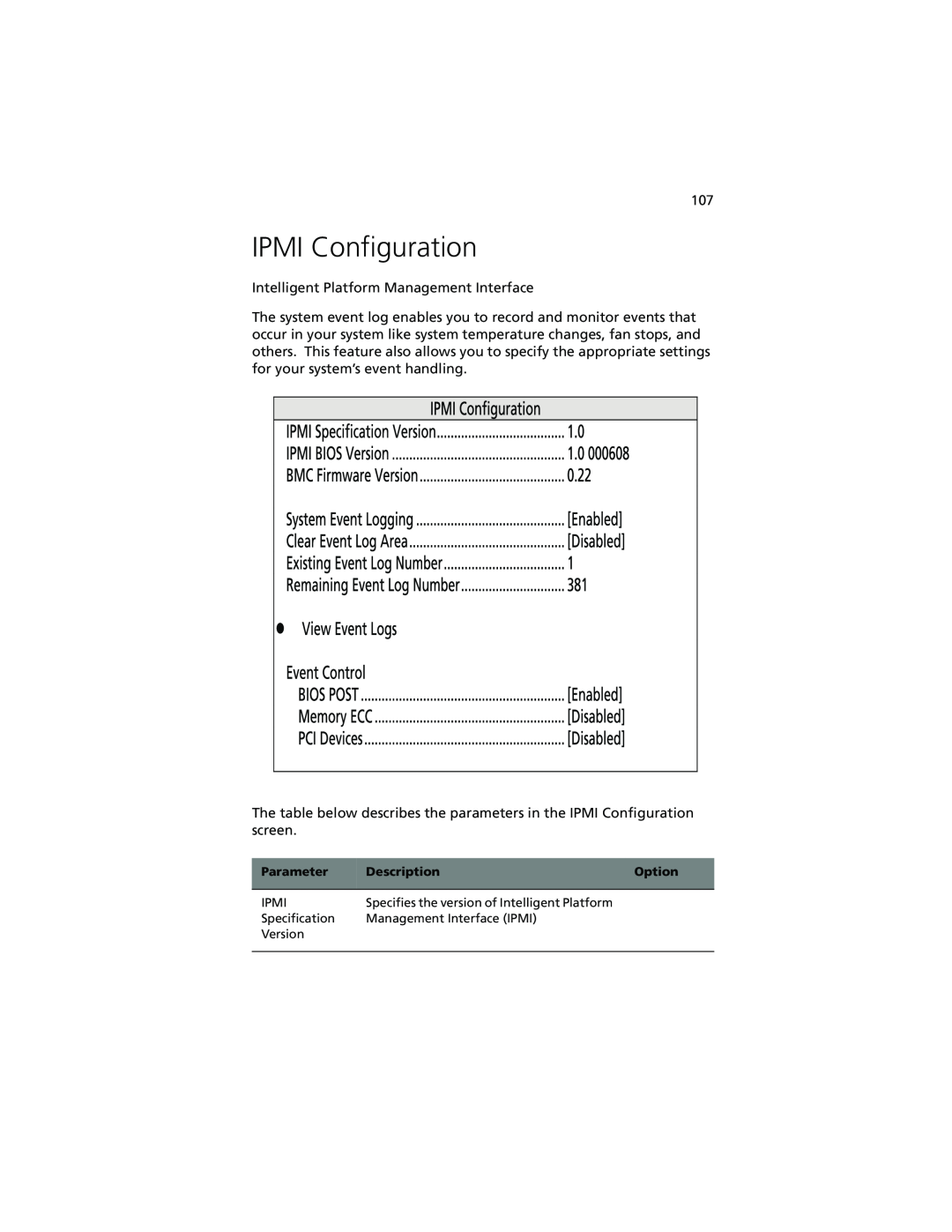 Acer Altos G610 manual IPMI Configuration, Ipmi, Specifies the version of Intelligent Platform, Specification, Version 