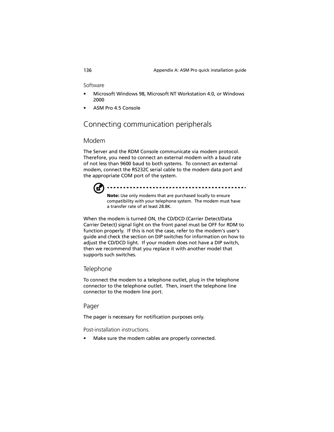 Acer Altos G610 Connecting communication peripherals, Modem, Telephone, Pager, Post-installation instructions, Software 