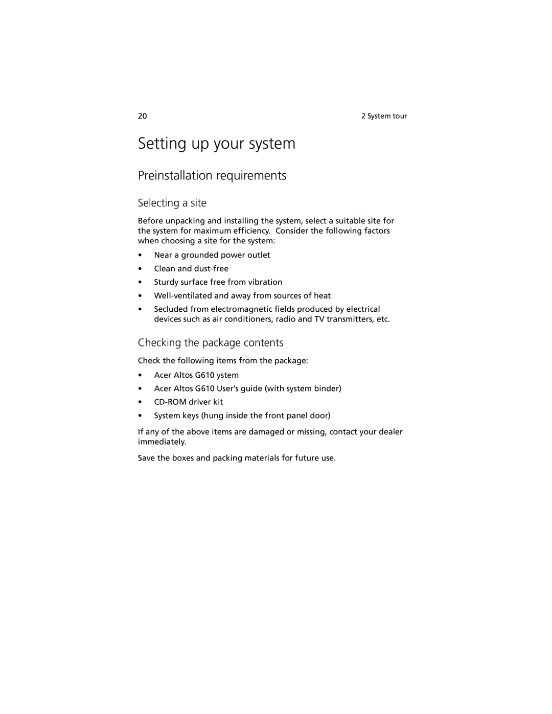 Acer Altos G610 Setting up your system, Preinstallation requirements, Selecting a site, Checking the package contents 