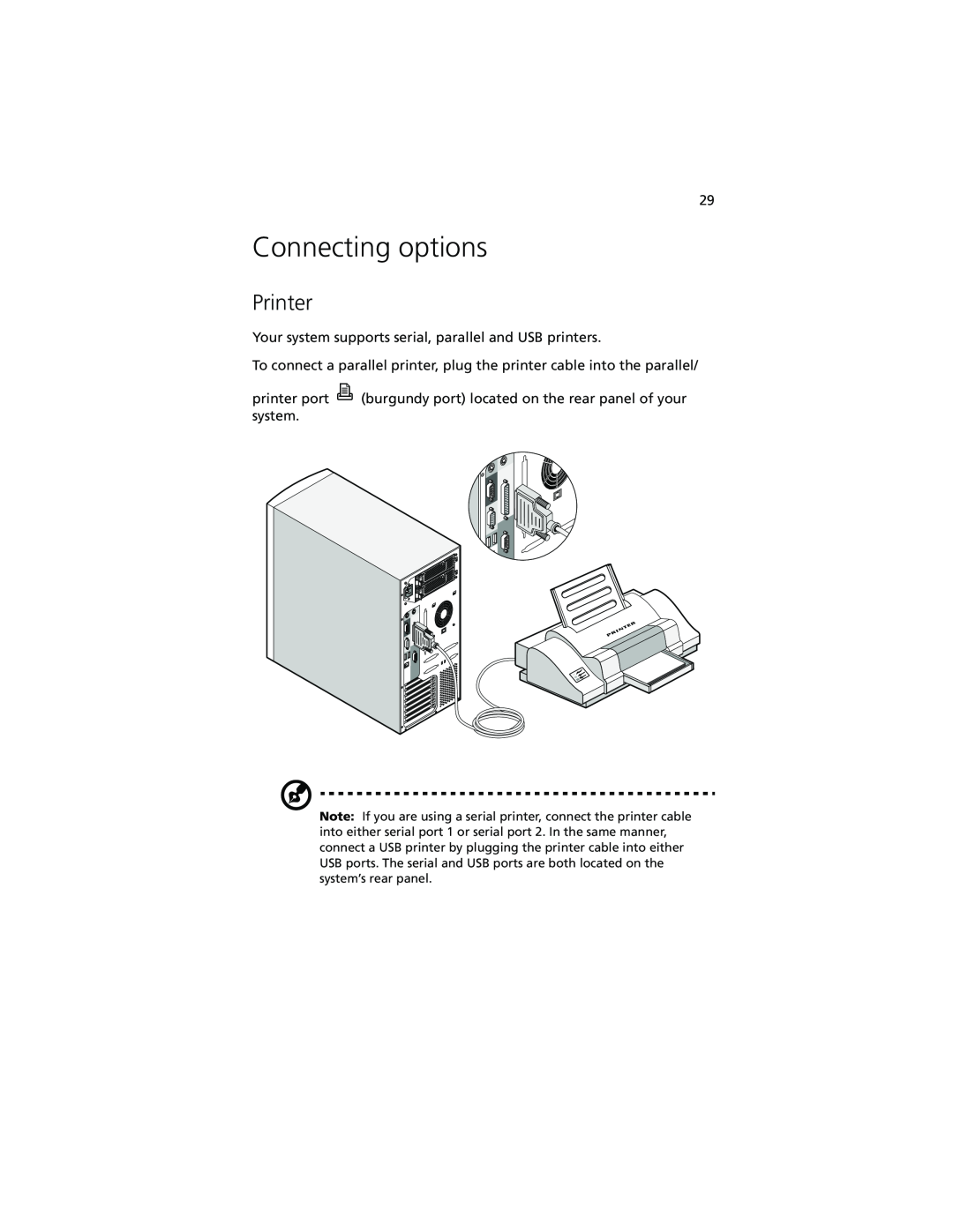 Acer Altos G610 manual Connecting options, Printer 