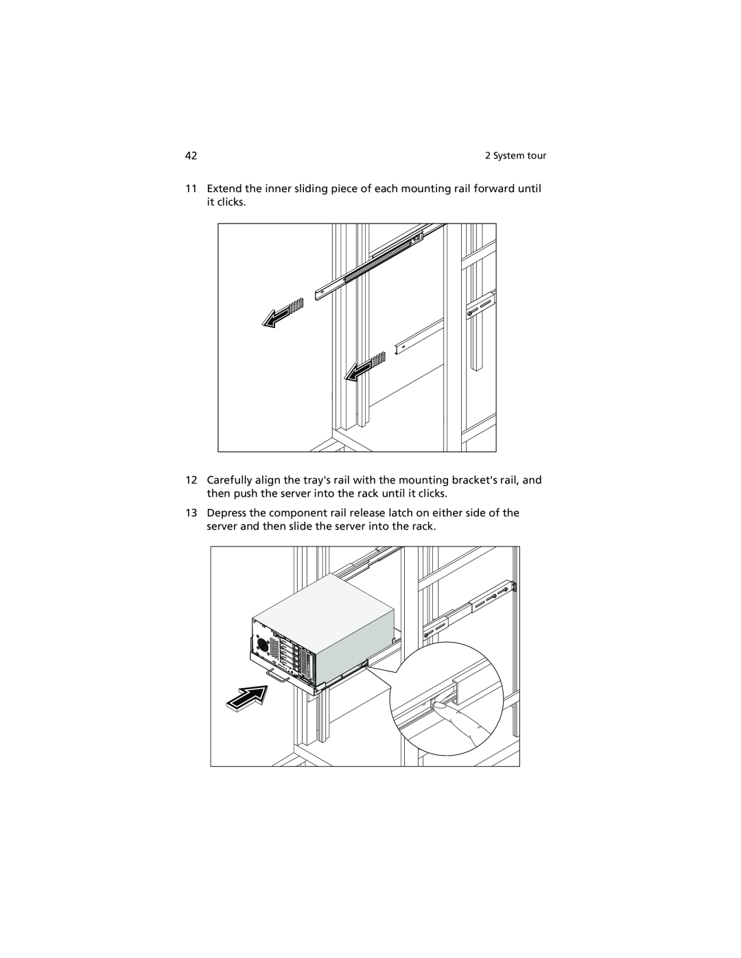 Acer Altos G610 manual Extend the inner sliding piece of each mounting rail forward until it clicks 