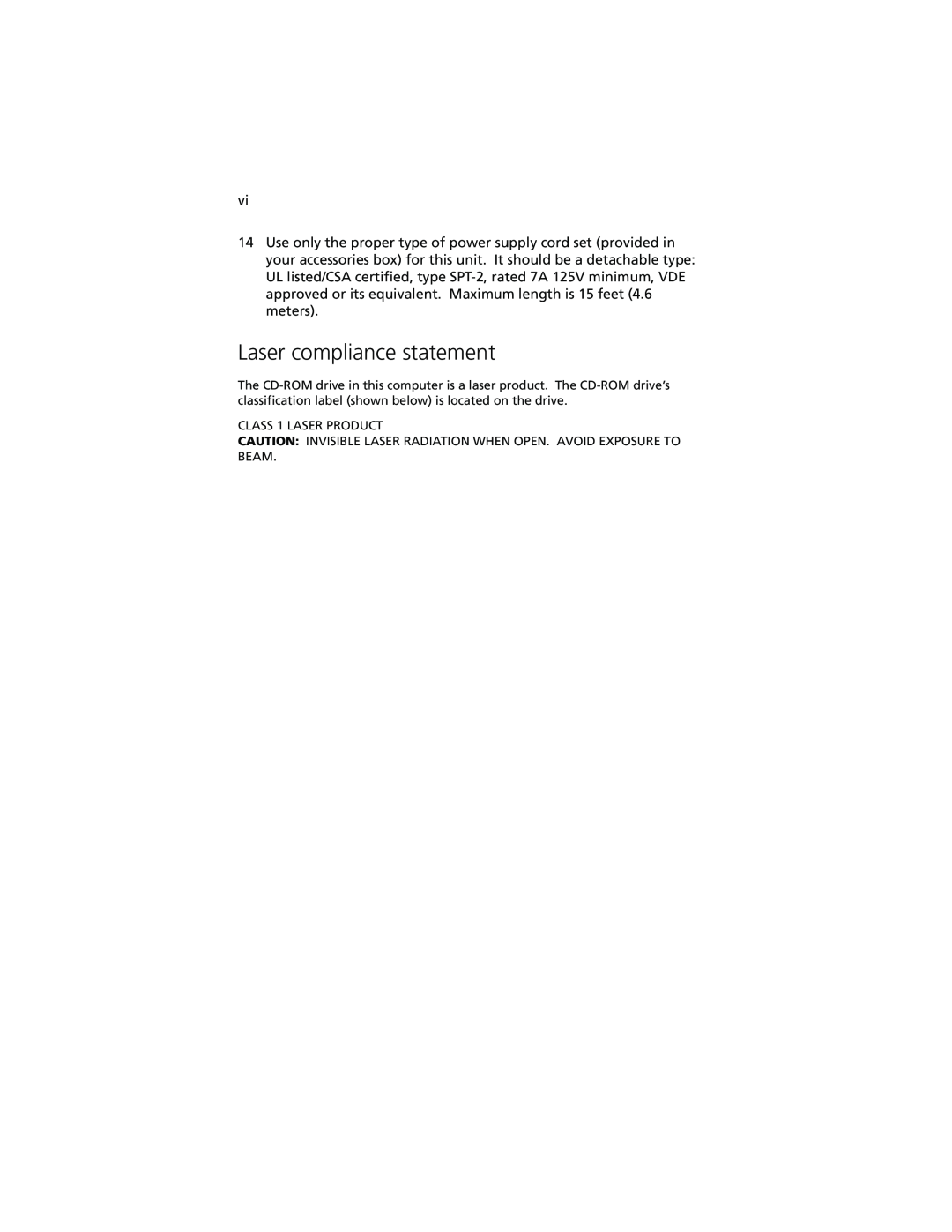 Acer Altos G610 manual Laser compliance statement 