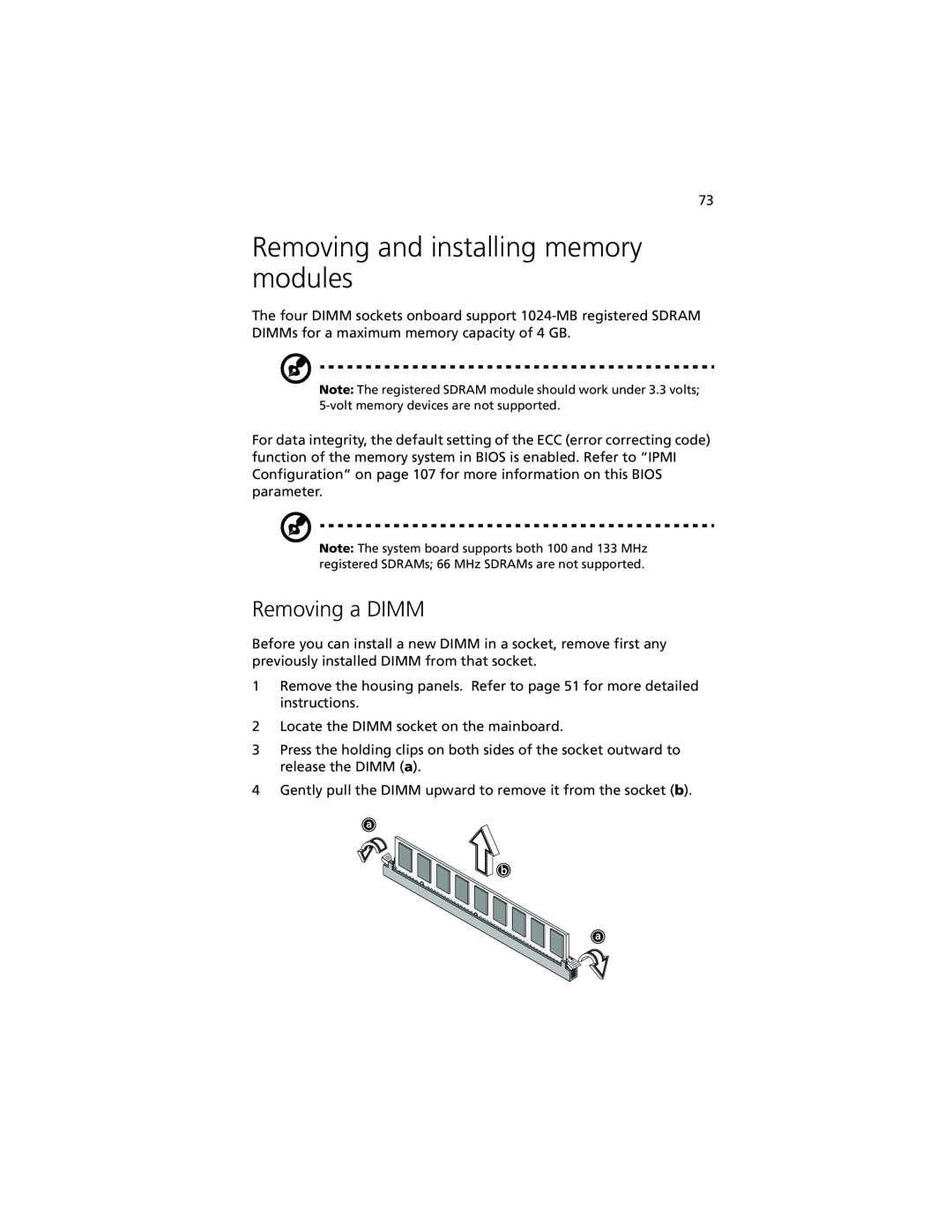 Acer Altos G610 manual Removing and installing memory modules, Removing a DIMM 