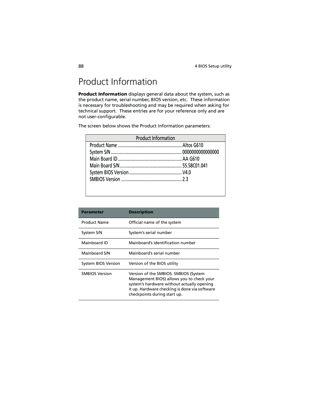 Acer Altos G610 manual Product Information 